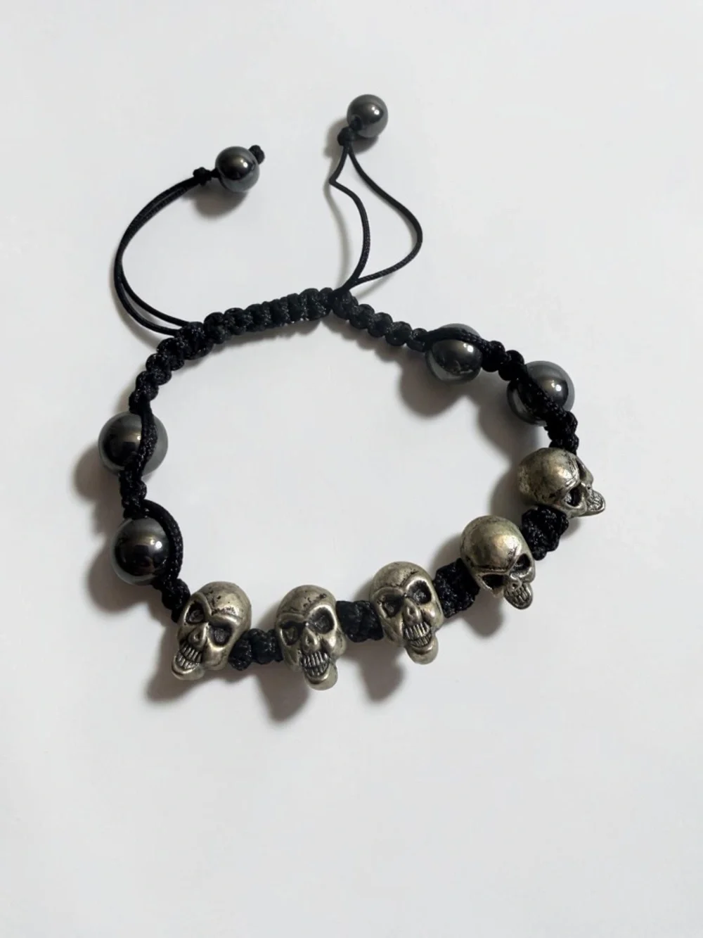 Silver Skull Adjustable Bracelet Black Hematite Beads Gothic Biker Unisex